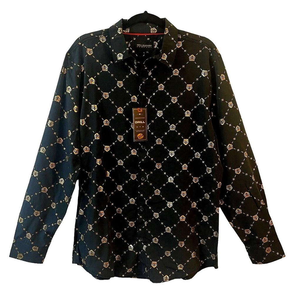 Drill Clothing Co. Mens Shirt L Black Golden Tiger Long Sleeve Button Up Style